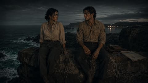 Two characters sitting together on coastal rocks at dusk
